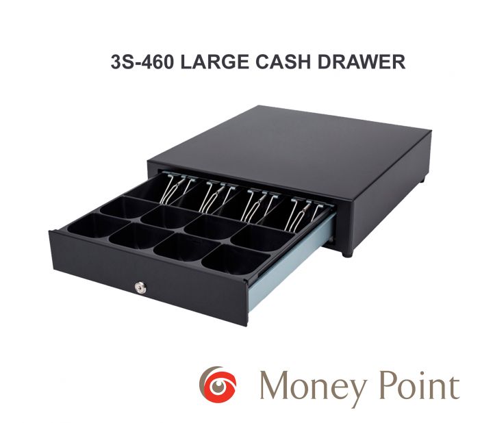 3S-460 LARGE CASH DRAWER BLACK FRONT OPEN VIEW MONEY POINT IRELAND